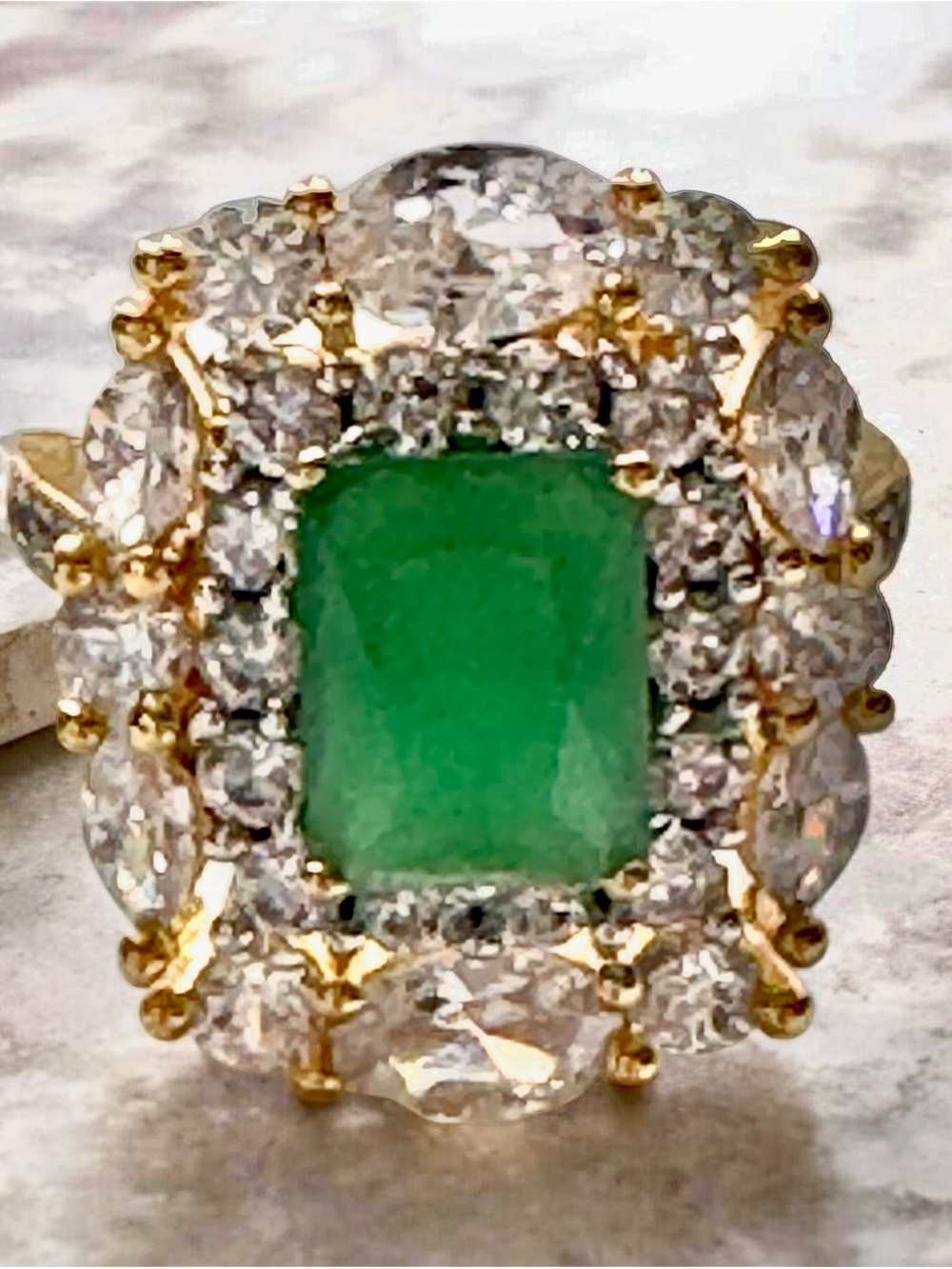 Farah Jewelry Emerald-Cut Emerald Halo Ring in Gold